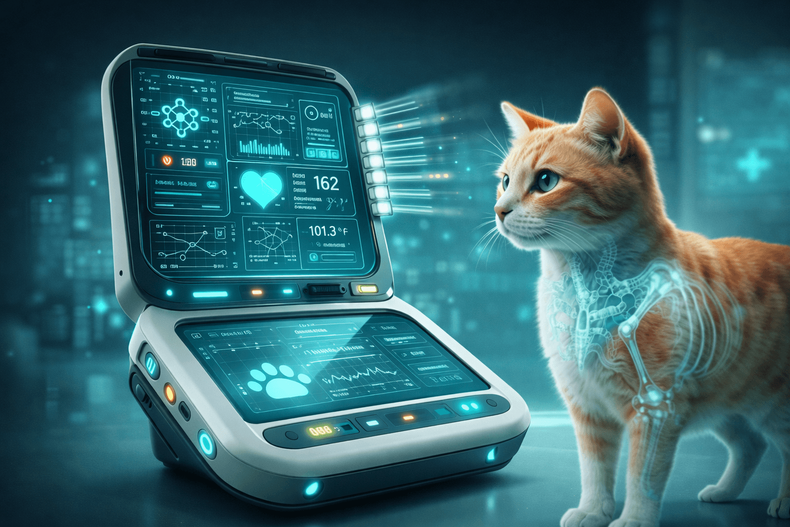 AI-powered diagnostic scanner analyzing a cat with real-time vitals, X-ray overlay, and clinical intelligence